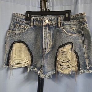 POL Blue Distressed Jean Shorts With rhinestone fringe